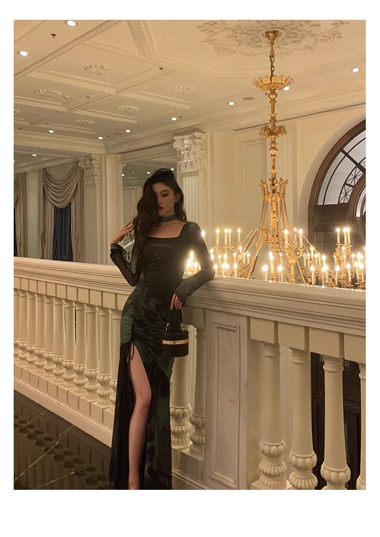 Chic Sheath Square Neckline Long Sleeves Green Long Prom Dresses Birthday Dress