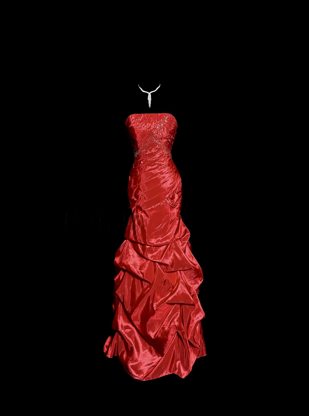 Aesthetic Mermaid Strapless Neckline Red Taffeta Prom Dress Ruffle Long Party Dress