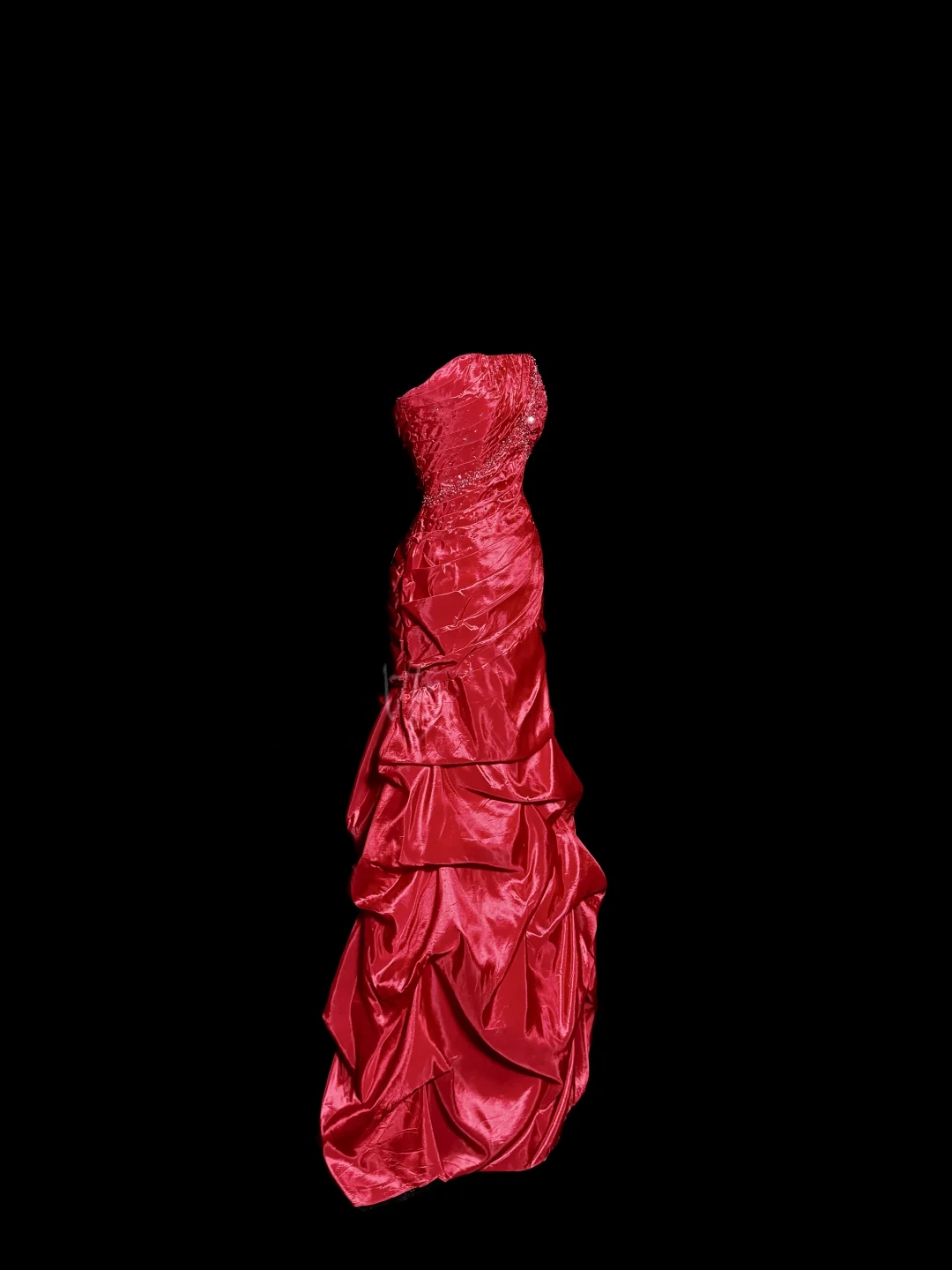 Aesthetic Mermaid Strapless Neckline Red Taffeta Prom Dress Ruffle Long Party Dress