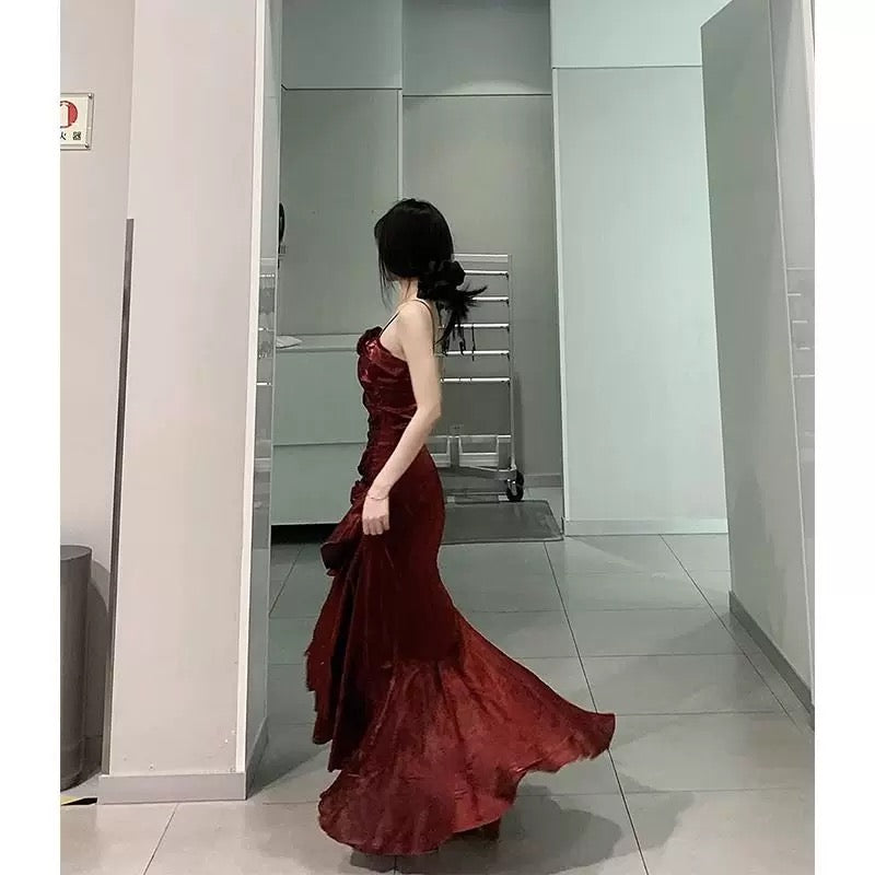 Vintage Mermaid Spaghetti Straps Burgundy Long Party Dresses Birthday Outfits