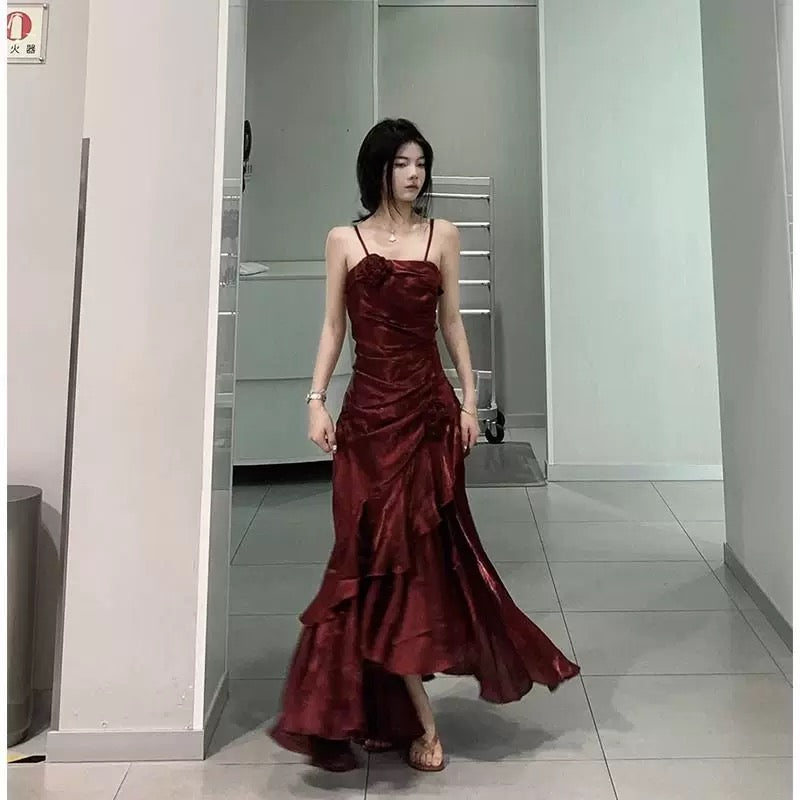 Vintage Mermaid Spaghetti Straps Burgundy Long Party Dresses Birthday Outfits