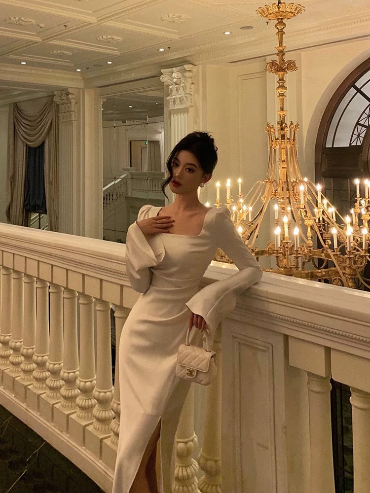 Chic Mermaid Square Neckline Long Sleeves Slit Prom Dresses Birthday Outfits