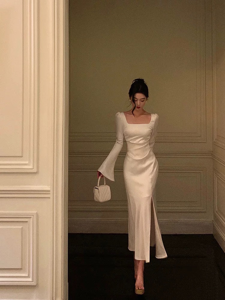 Chic Mermaid Square Neckline Long Sleeves Slit Prom Dresses Birthday Outfits