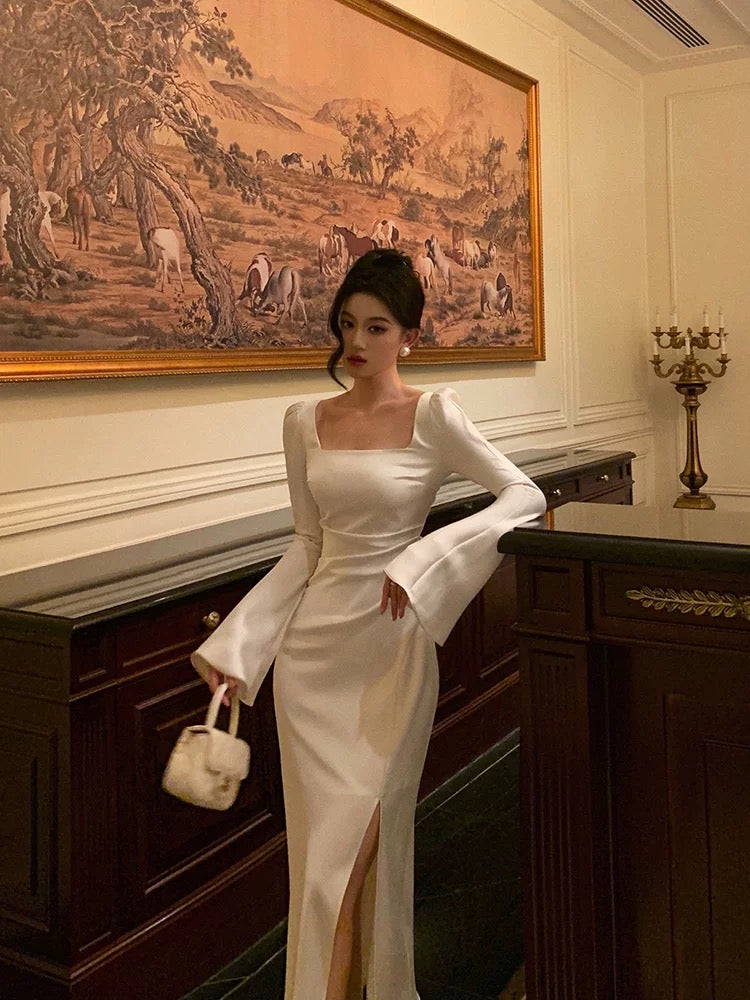 Chic Mermaid Square Neckline Long Sleeves Slit Prom Dresses Birthday Outfits