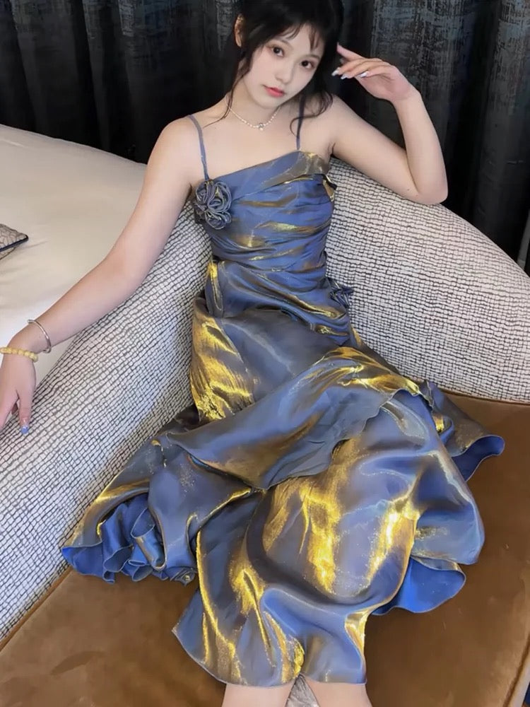 Vintage Mermaid Spaghetti Straps Long Party Dresses Birthday Outfits