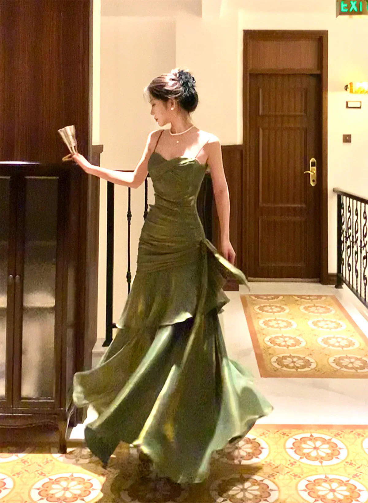 Retro Green Mermaid Straps Long Satin Party Dress Green Satin Evening Dress Prom Dress