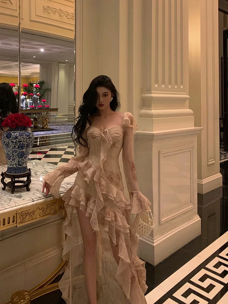 Chic High Low Sweetheart Long Sleeves Floral Ruffles Chiffon Prom Dresses Birthday Outfits