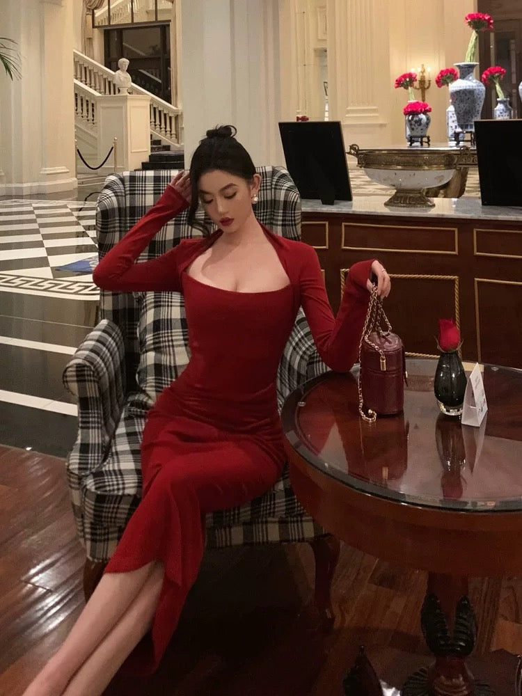 Chic Sheath Long Sleeves Red Prom Dresses Sexy Birthday Outfits