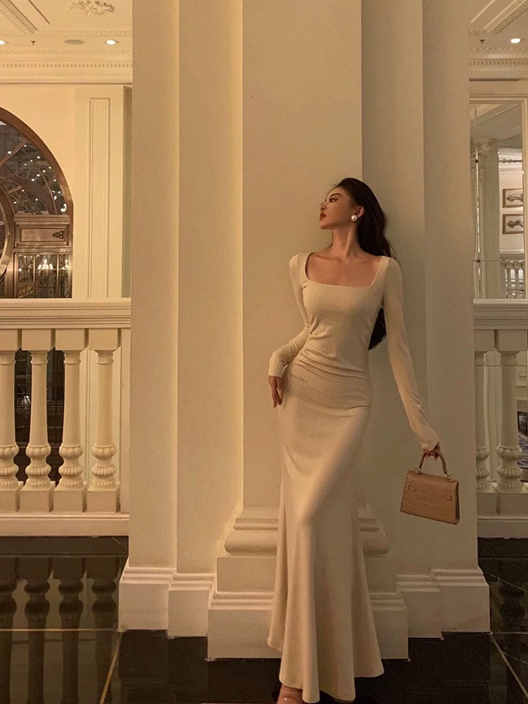 Chic Mermaid Square Neckline Long Sleeves Long Prom Dresses Birthday Dress