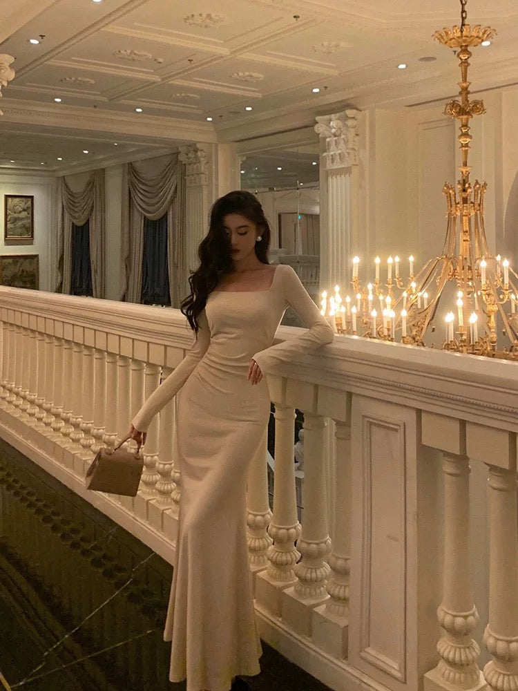 Chic Mermaid Square Neckline Long Sleeves Long Prom Dresses Birthday Dress