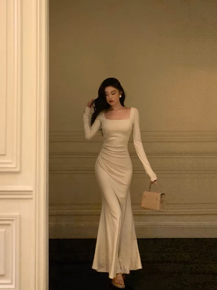 Chic Mermaid Square Neckline Long Sleeves Long Prom Dresses Birthday Dress