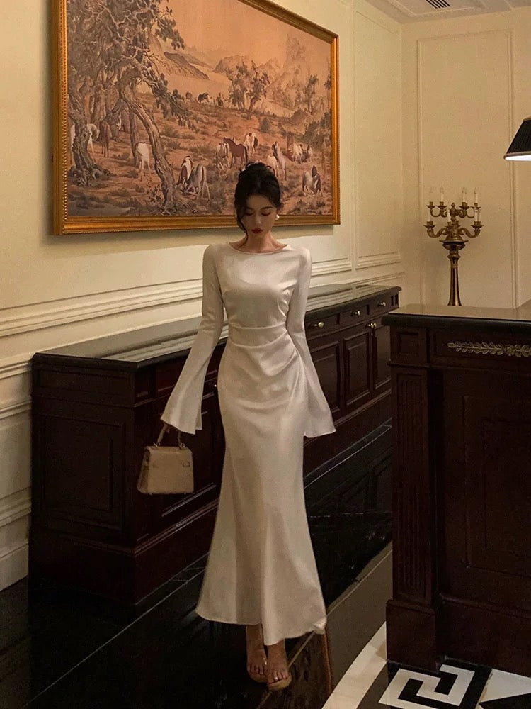 Chic Mermaid Boat Neckline Long Sleeves Silk Satin Prom Dresses Birthday Dress