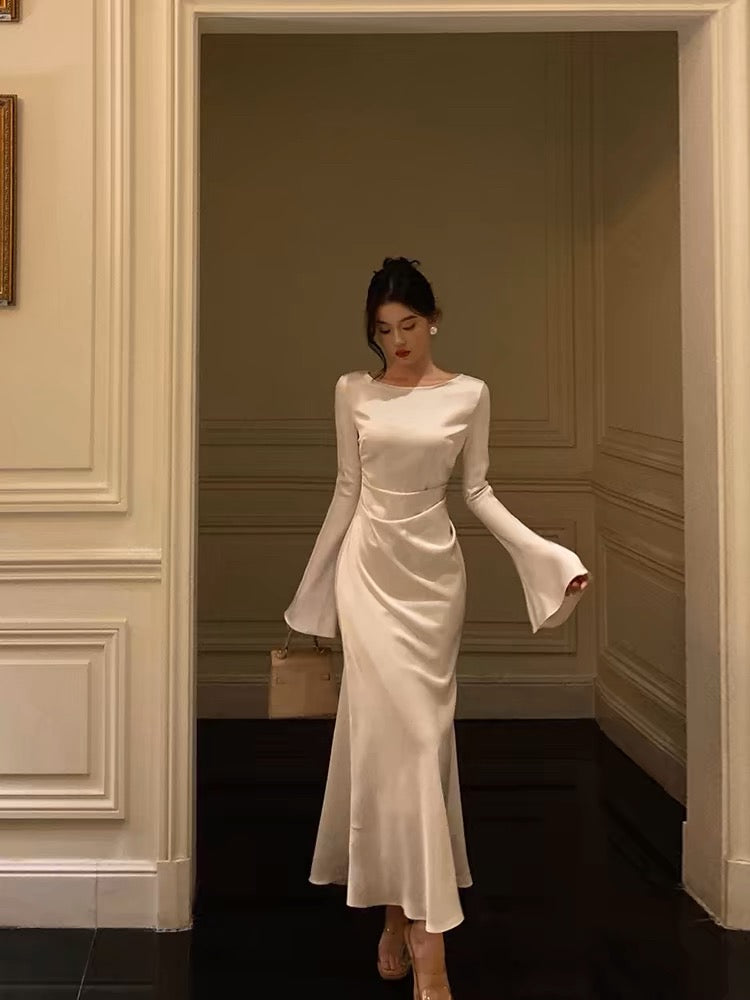 Chic Mermaid Boat Neckline Long Sleeves Silk Satin Prom Dresses Birthday Dress
