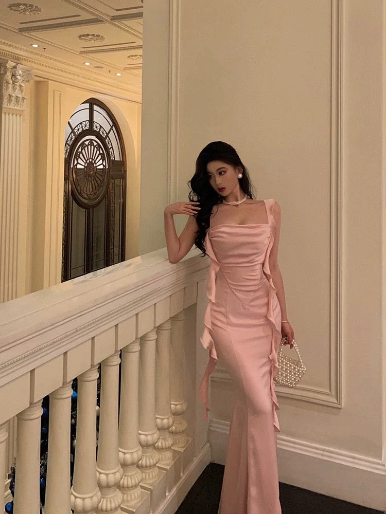 Sexy Mermaid Straps Neckline Backless Silk Satin Pink Slit Prom Dresses Birthday Outfits