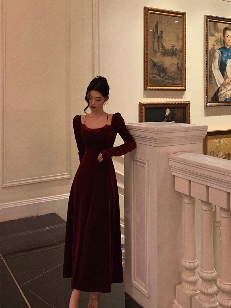 Sexy A Line Straps Burgundy Velvet Long Sleeves Prom Dresses Birthday Outfits