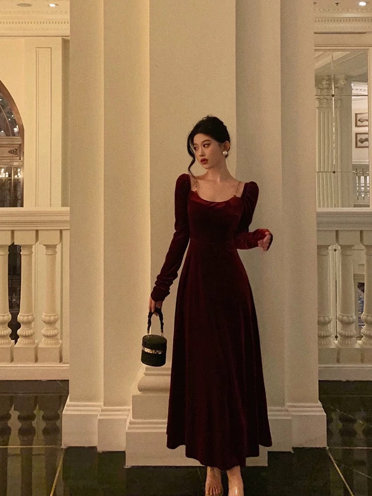Sexy A Line Straps Burgundy Velvet Long Sleeves Prom Dresses Birthday Outfits
