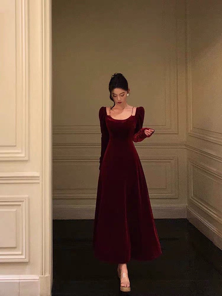 Sexy A Line Straps Burgundy Velvet Long Sleeves Prom Dresses Birthday Outfits