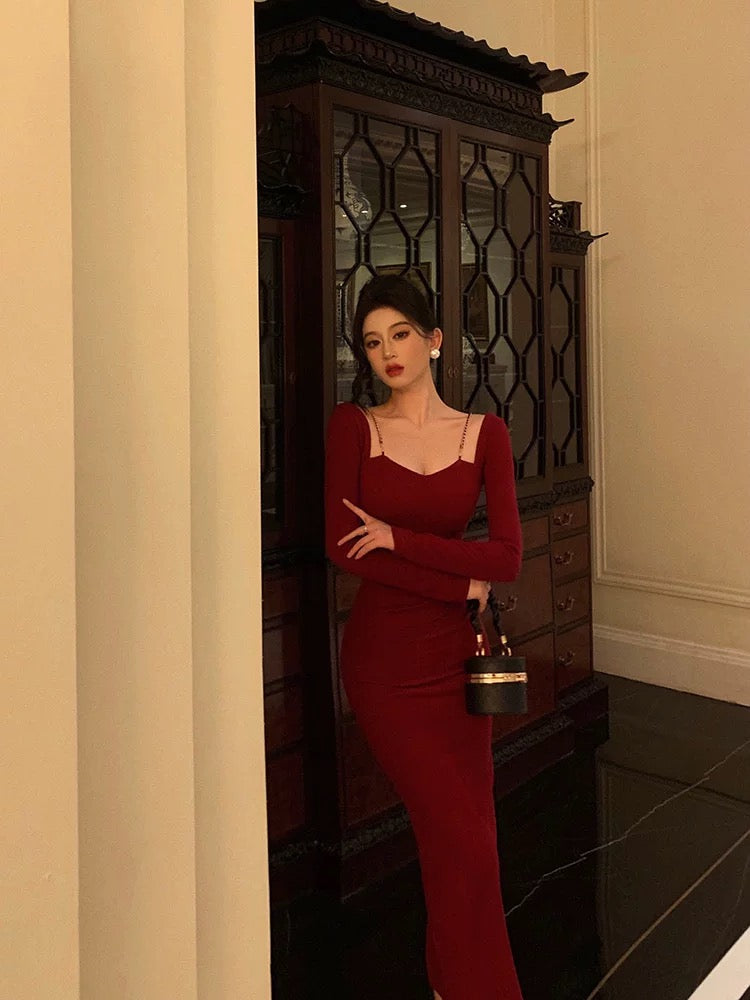 Sexy Sheath Straps Burgundy Long Sleeves Prom Dresses Birthday Outfits