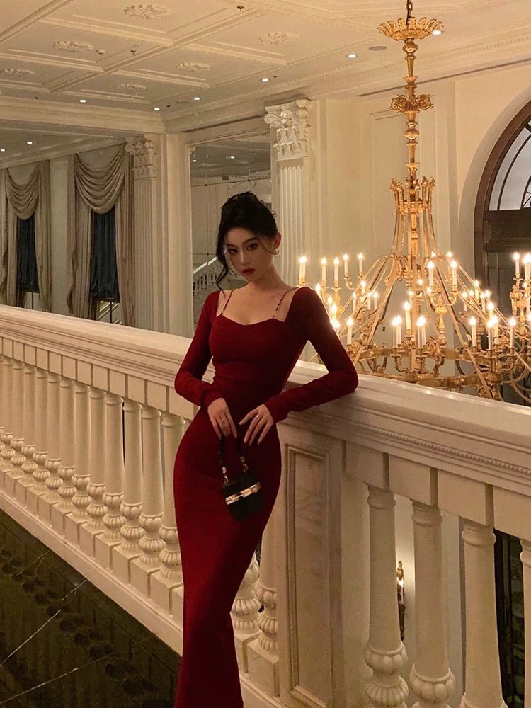 Sexy Sheath Straps Burgundy Long Sleeves Prom Dresses Birthday Outfits