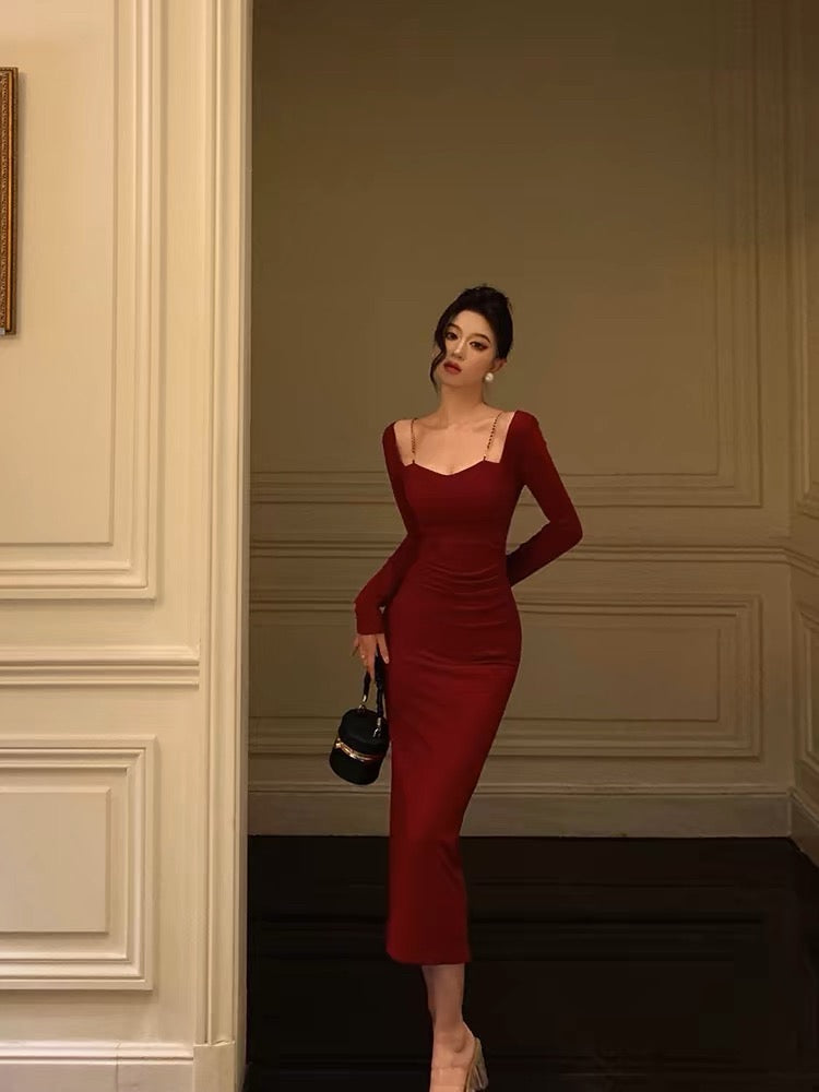 Sexy Sheath Straps Burgundy Long Sleeves Prom Dresses Birthday Outfits
