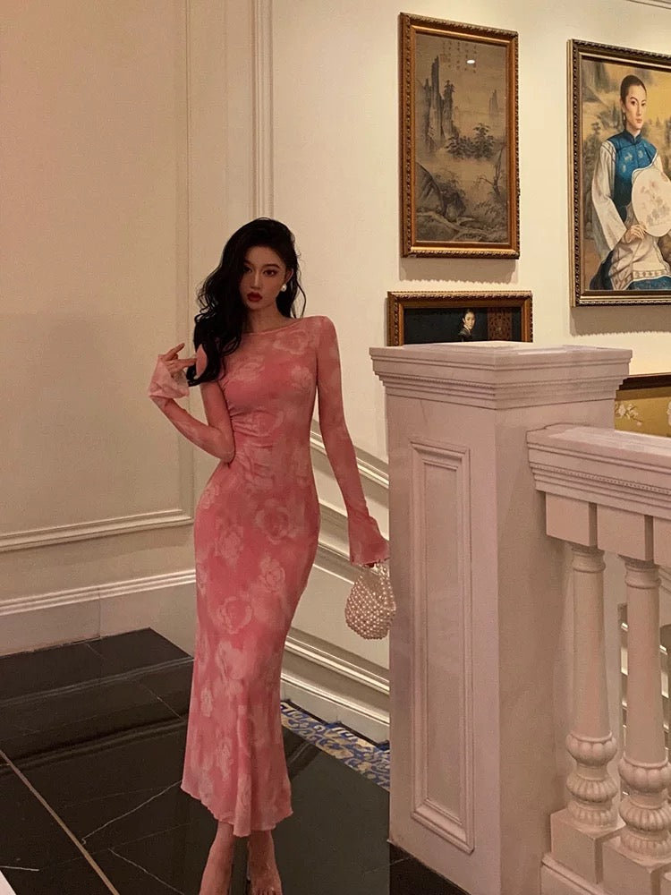 Sexy Sheath Pink Floral 2 Pieces Long Sleeves Prom Dresses Birthday Outfits
