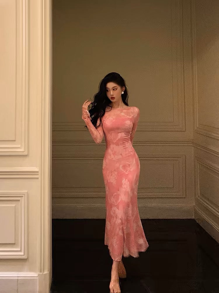 Sexy Sheath Pink Floral 2 Pieces Long Sleeves Prom Dresses Birthday Outfits