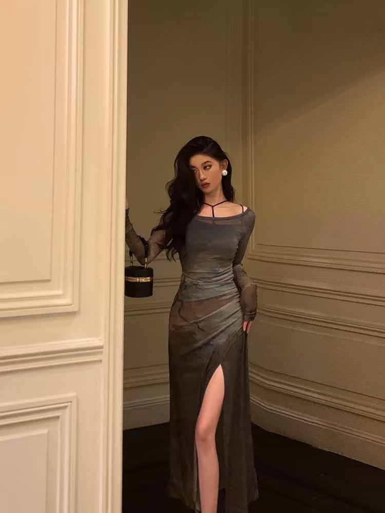 Sexy Sheath Floral 2 Pieces Long Sleeves Slit Prom Dresses Birthday Outfits