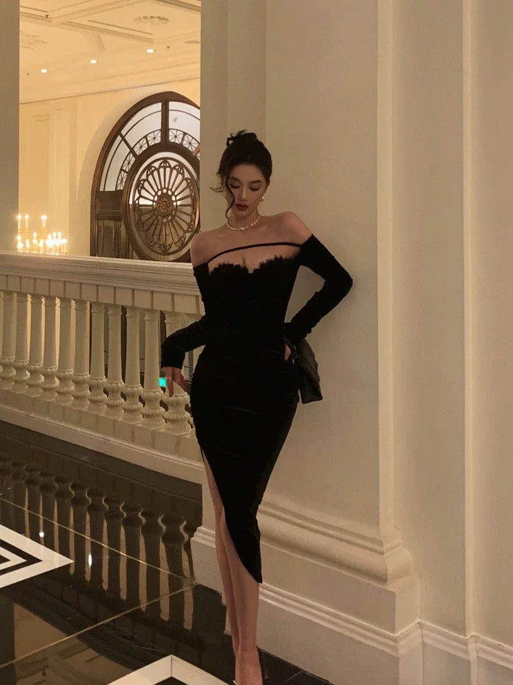 Sexy Sheath Off The Shoulder Black Velvet Slit Mid Length Prom Dresses Birthday Outfits
