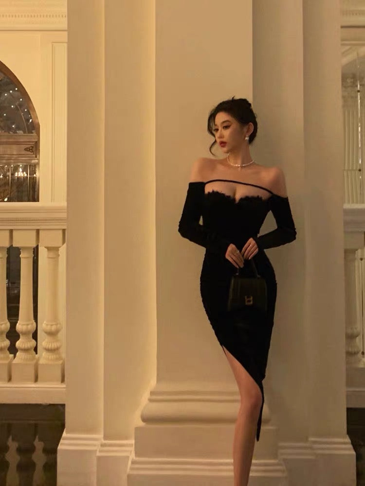 Sexy Sheath Off The Shoulder Black Velvet Slit Mid Length Prom Dresses Birthday Outfits