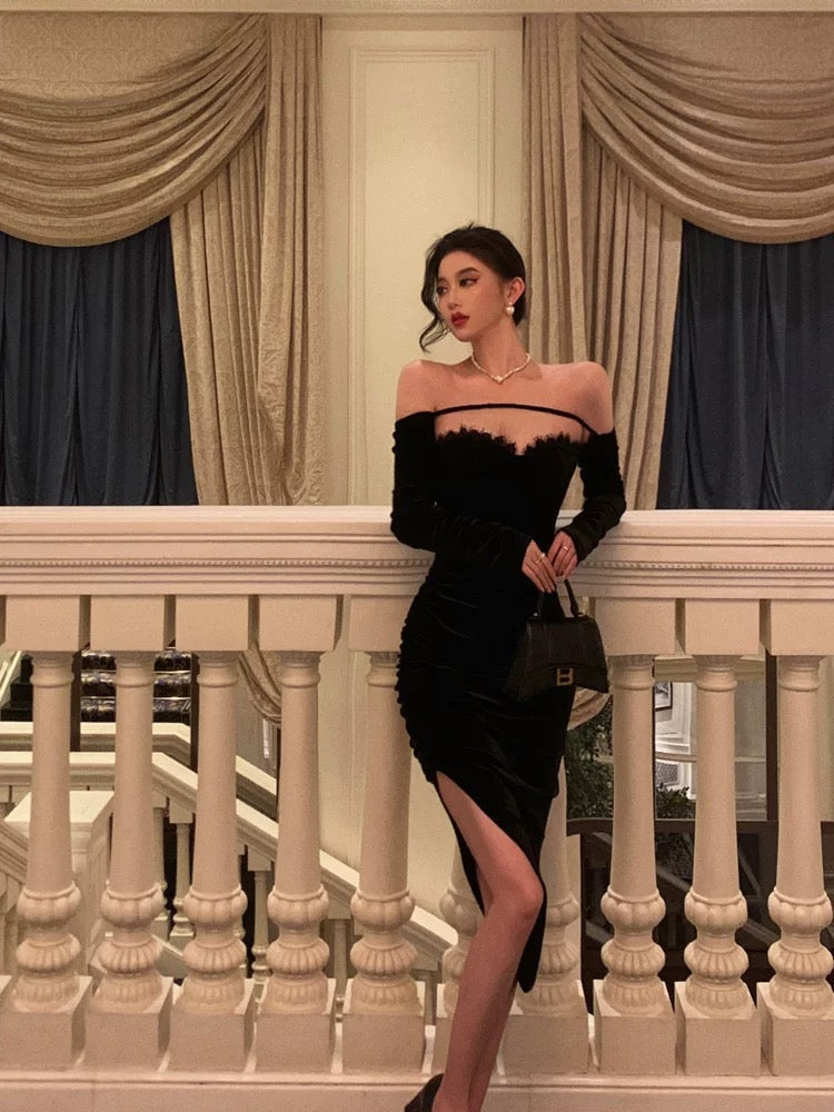 Sexy Sheath Off The Shoulder Black Velvet Slit Mid Length Prom Dresses Birthday Outfits