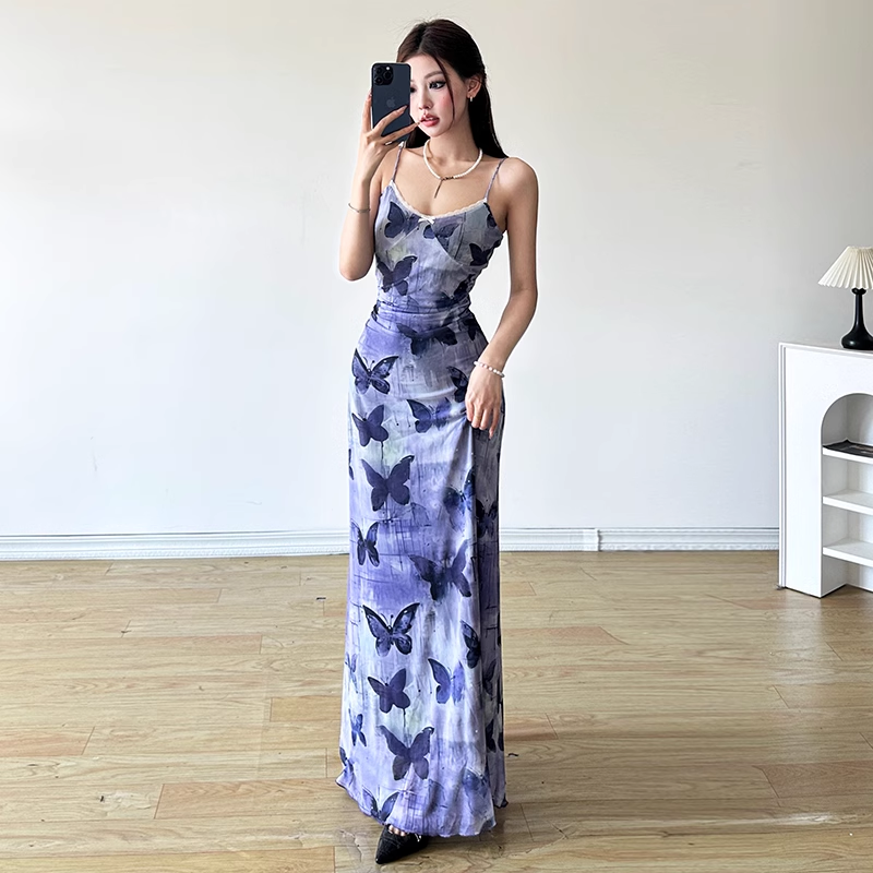 Sexy Sheath Spaghetti Straps Purple Butterfly Print Lace Casual Dress Beach Holiday Dresses