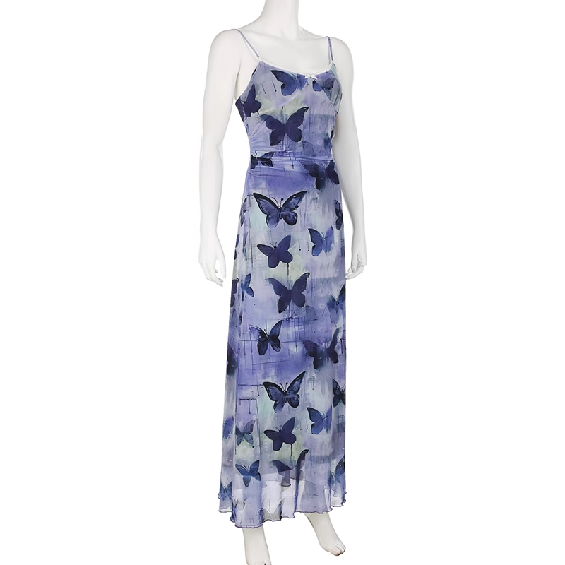 Sexy Sheath Spaghetti Straps Purple Butterfly Print Lace Casual Dress Beach Holiday Dresses