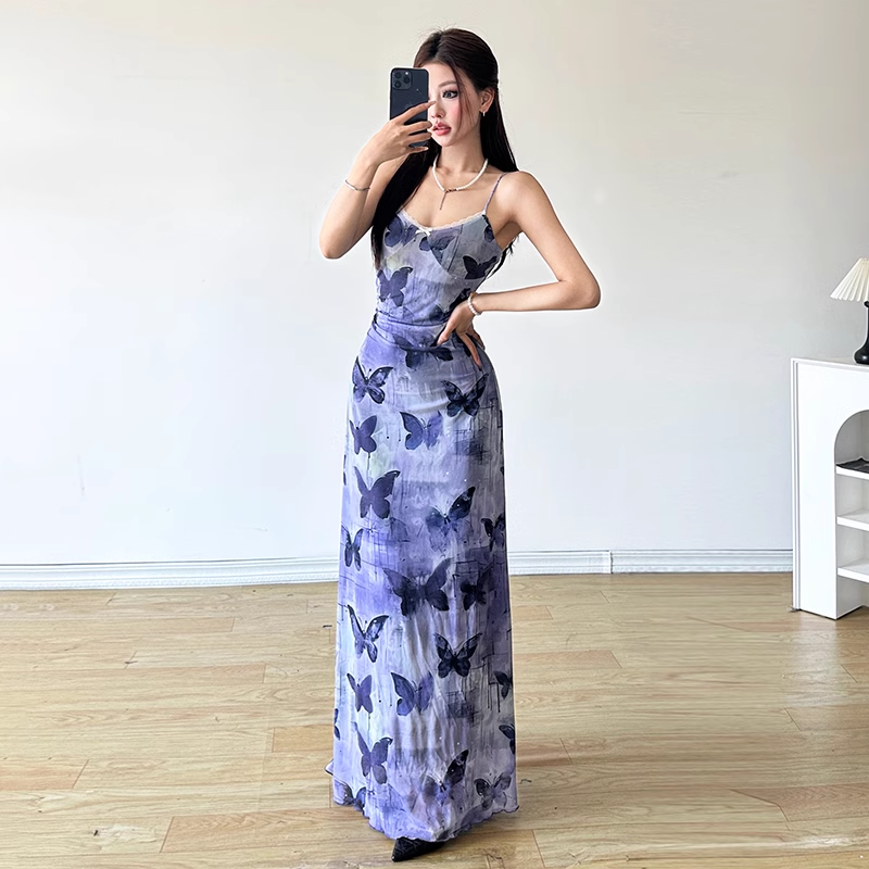 Sexy Sheath Spaghetti Straps Purple Butterfly Print Lace Casual Dress Beach Holiday Dresses
