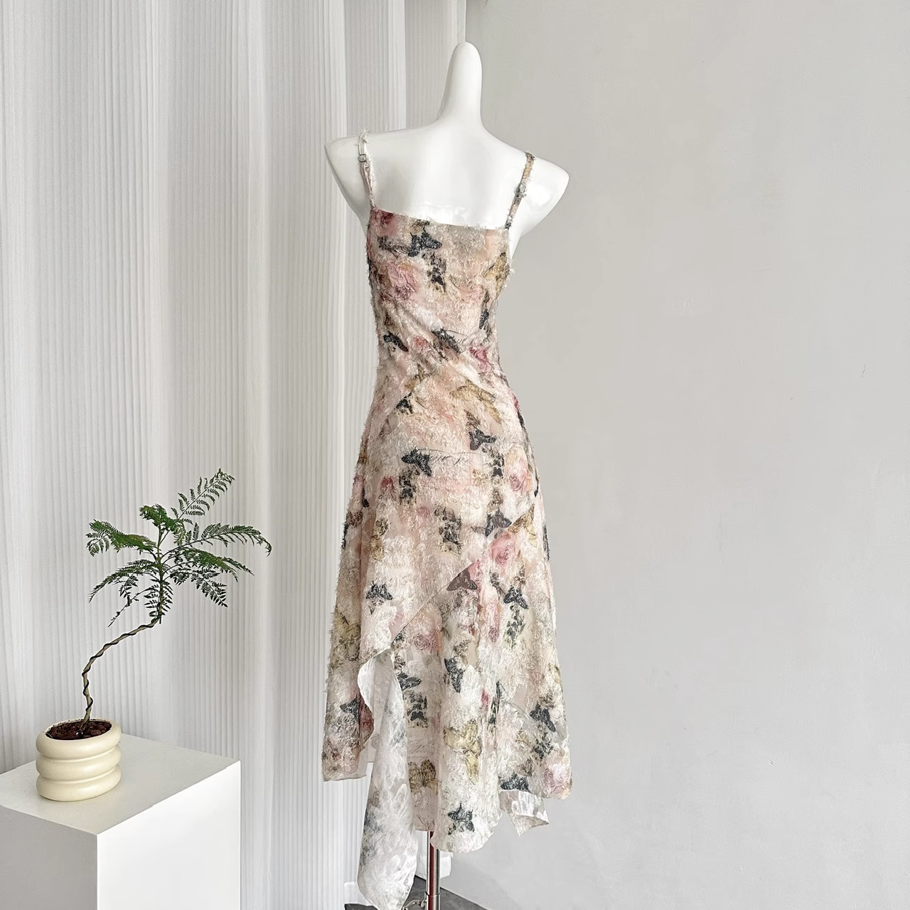 Cute A line Spaghetti Straps Pink Floral Dress Long Holiday Dresses