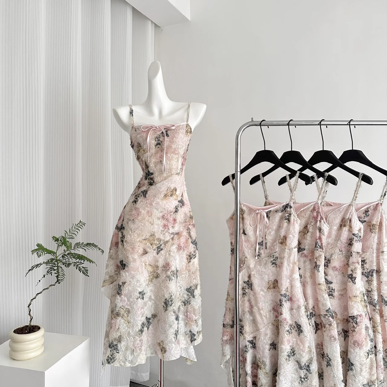 Cute A line Spaghetti Straps Pink Floral Dress Long Holiday Dresses