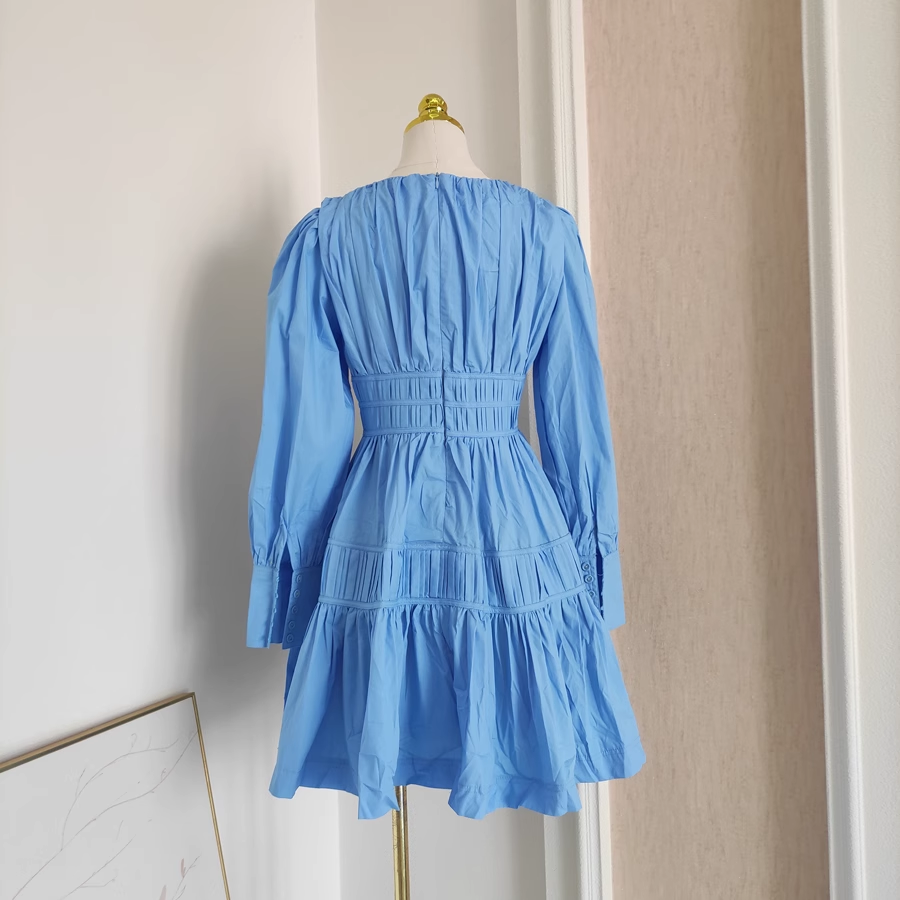Cute A line V Neckline Long Sleeves Spring Blue Casual Dress Beach Holiday Dresses