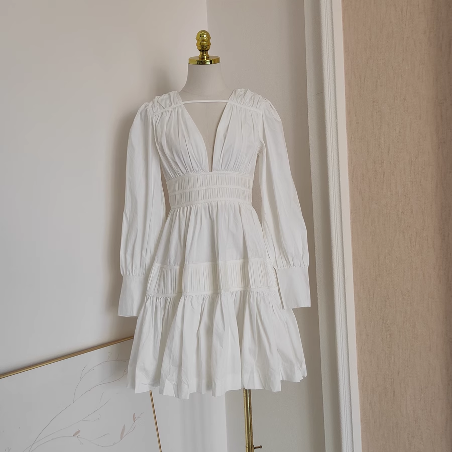 Cute A line V Neckline Long Sleeves Spring White Casual Dress Beach Holiday Dresses