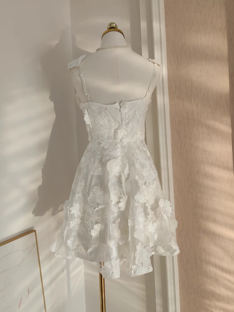 Cute A line Straps Sleeveless Floral White Party Dress Short Holiday Dresses