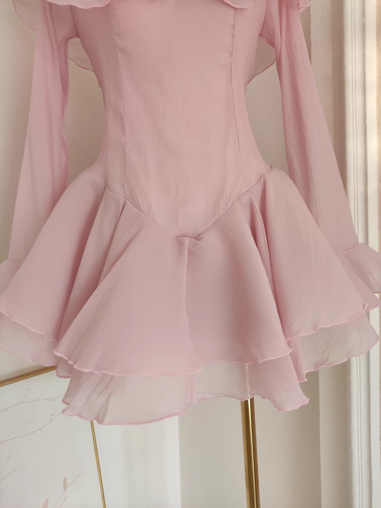 Sexy A Line Halter Ruffles Pink Vacation Dresses Short Chiffon Birthday Outfits