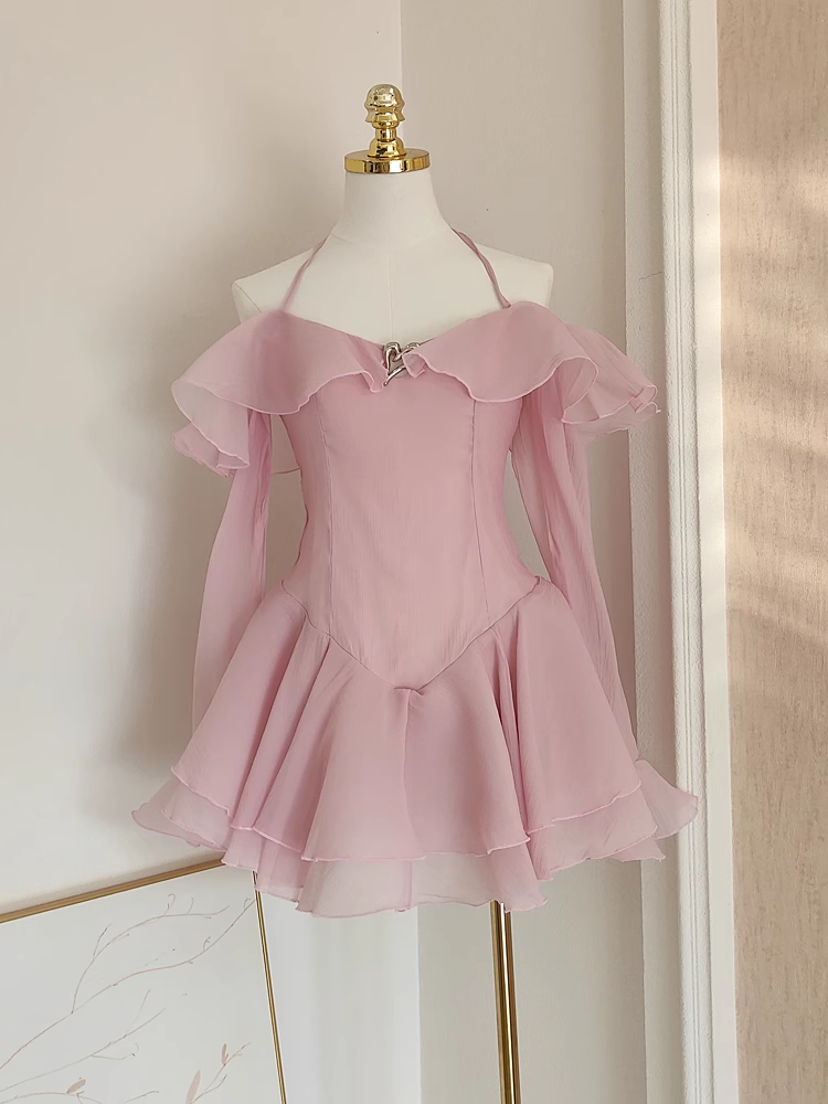 Sexy A Line Halter Ruffles Pink Vacation Dresses Short Chiffon Birthday Outfits