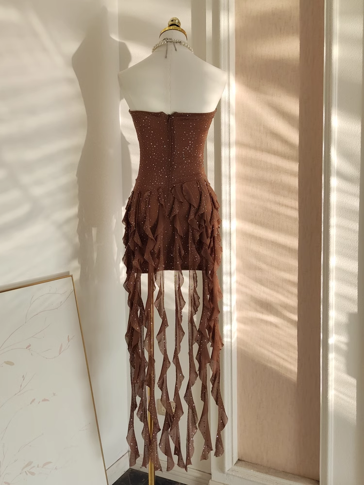 Sexy Sheath Strapless Ruffles Tulle Brown Vacation Dresses Short Birthday Outfits