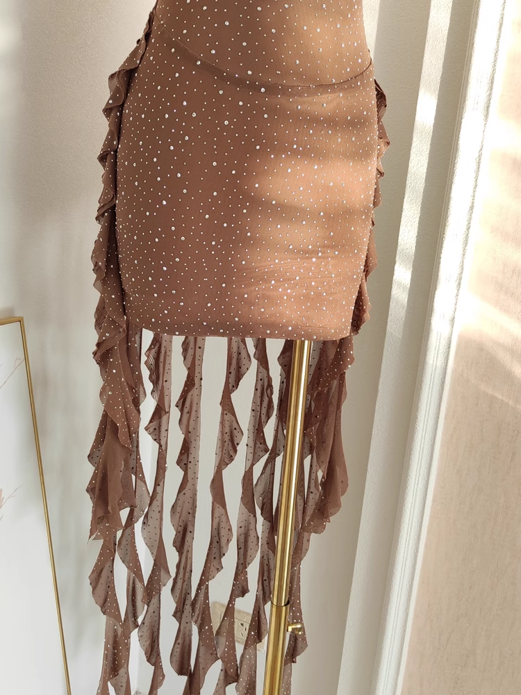 Sexy Sheath Strapless Ruffles Tulle Brown Vacation Dresses Short Birthday Outfits