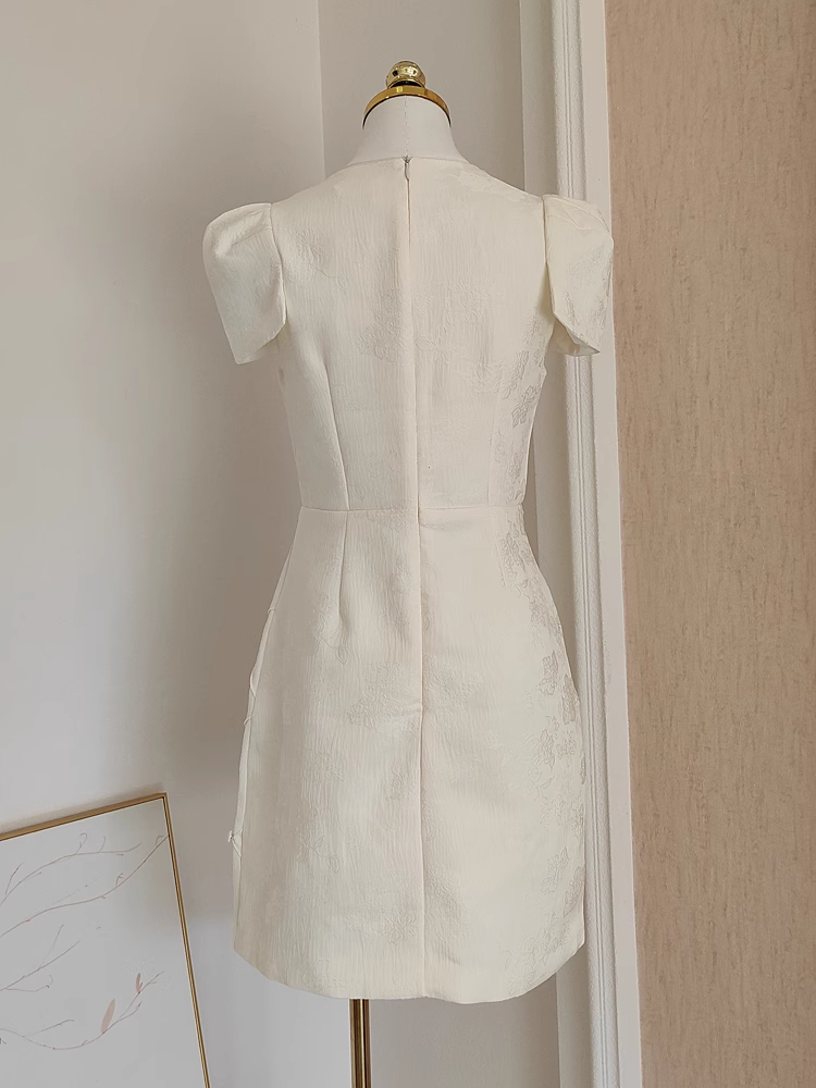 Cute A line Boat Short Sleeves Satin White Party Dress Short Holiday Dresses
