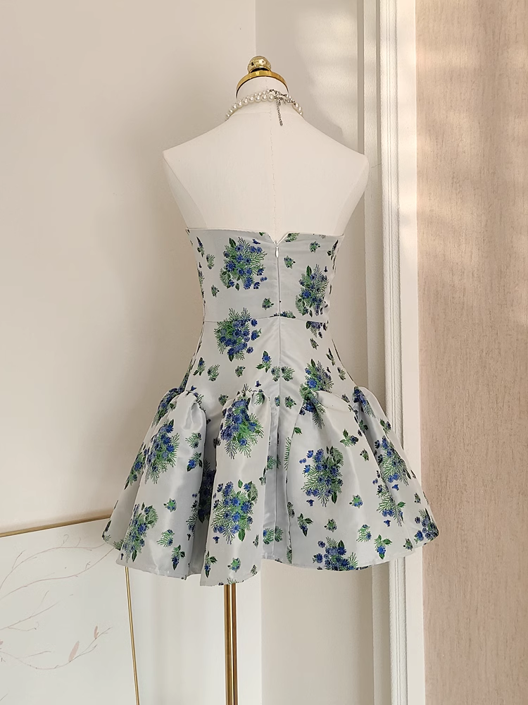 Cute A line Strapless Sleeveless Blue Floral Party Dress Short Birthday Dresses