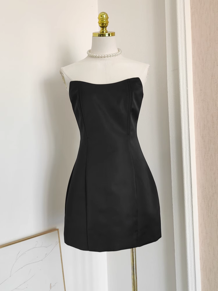 Cute A line Strapless Sleeveless Black Satin Party Dress Short Birthday Dresses With Cape