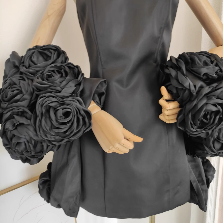 Cute A line Strapless Sleeveless Black Satin Party Dress Short Birthday Dresses With Cape