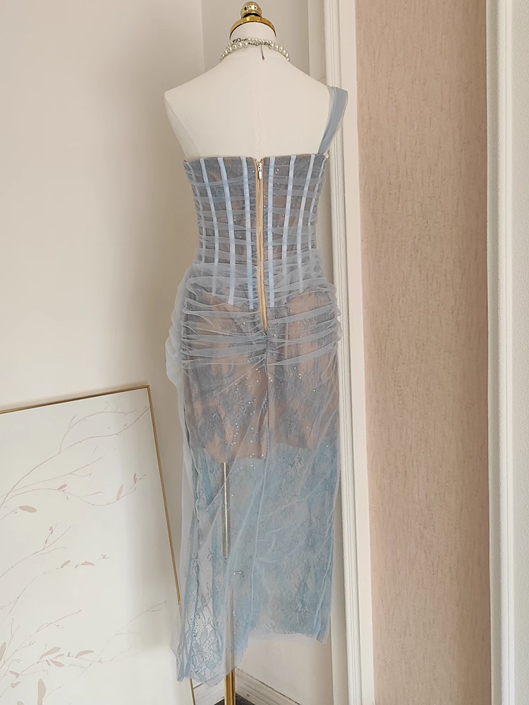 Sexy Sheath One Shoulder Light Sky Blue Tulle Lace Dinner Party Dresses Birthday Outfits