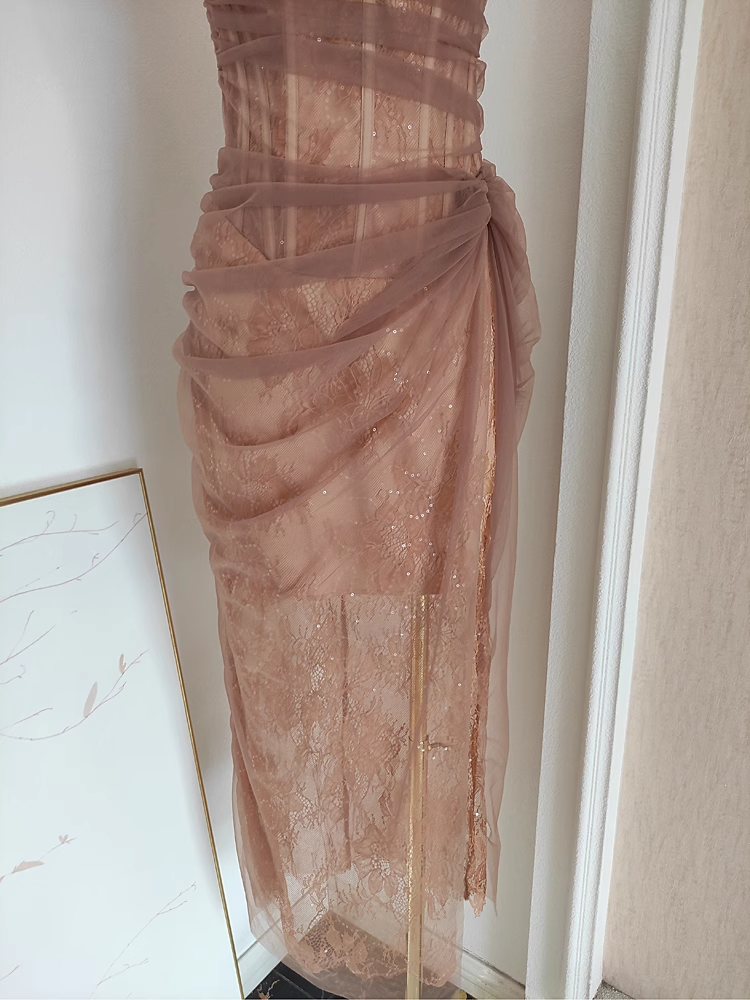 Sexy Sheath One Shoulder Brown Tulle Lace Dinner Party Dresses Birthday Outfits