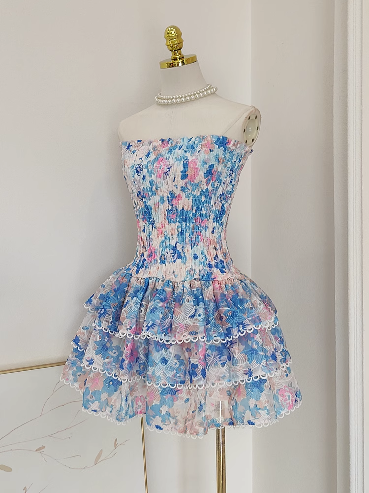 Cute A line Strapless Sleeveless Blue Floral Cocktail Dress Short Birthday Outfits