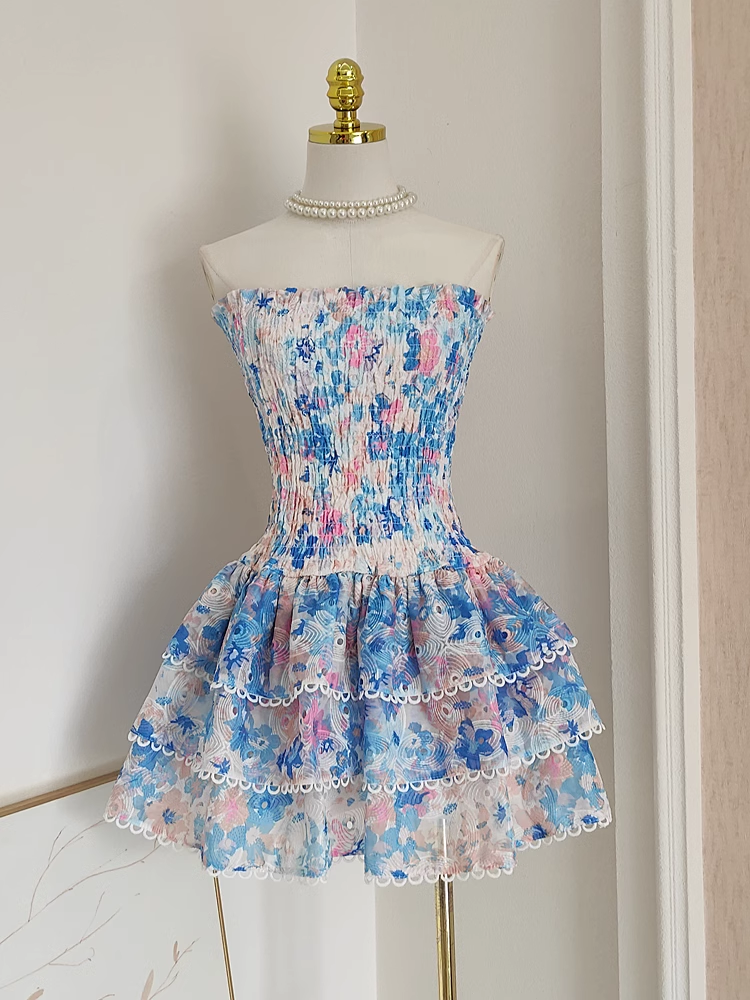 Cute A line Strapless Sleeveless Blue Floral Cocktail Dress Short Birthday Outfits